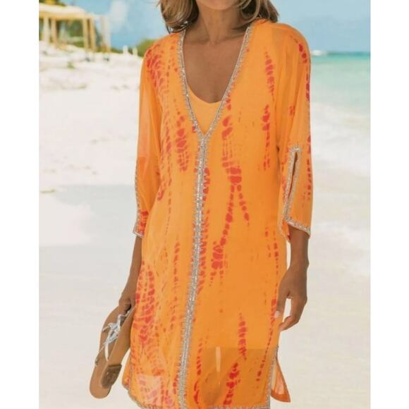 Soft Surroundings Dresses & Skirts - Soft Surroundings Womens Medium Popover Kaftan Slip Dress 2Pc Sheer Orange NWT